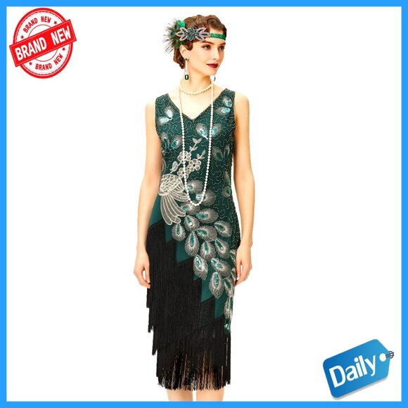 Vintage Sequined Flapper Dress Fringe Gatsby Party Midi Fitted